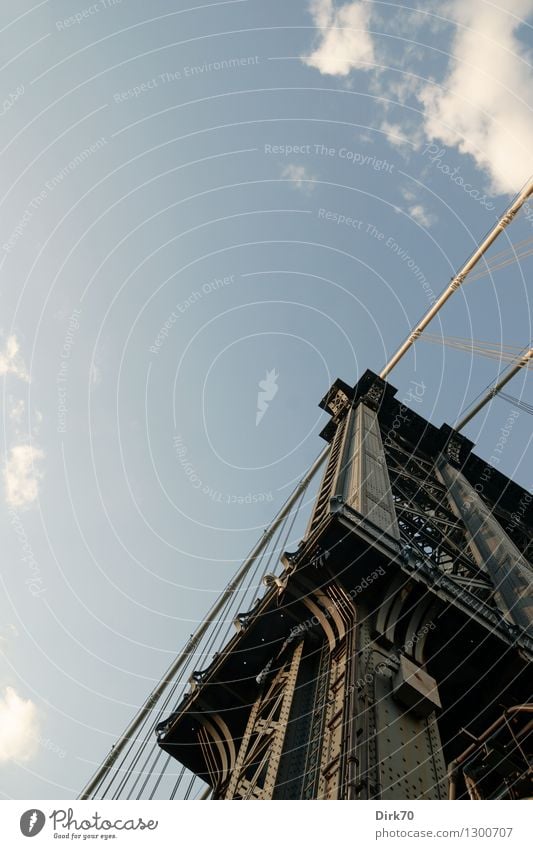 Steel construction, aesthetic Tourism Logistics Sky Clouds Summer Beautiful weather New York City Manhattan Brooklyn Town Downtown Bridge Suspension bridge