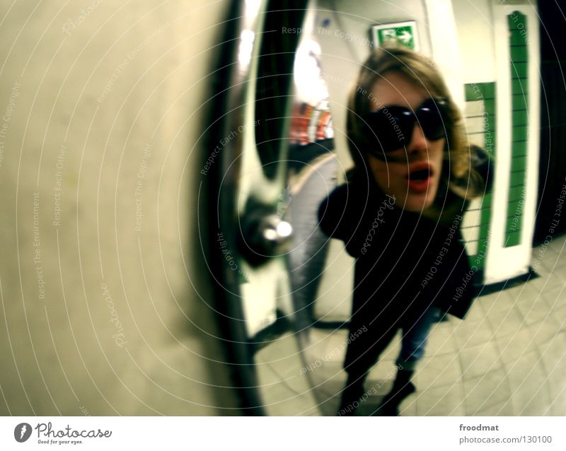 fried egg London Underground Tunnel vision Deep Future Time Time travel Vanishing point Dark Great Britain In transit Blur Woman Black Sunglasses Magic