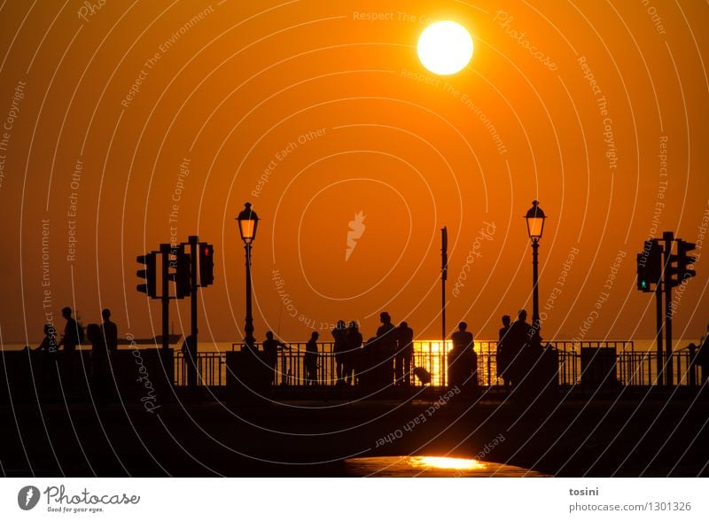 At dusk VI Human being Group Water Sun Sunrise Sunset Sunlight Maritime Bridge Bridge railing Street lighting Dusk Traffic light Gold Colour photo