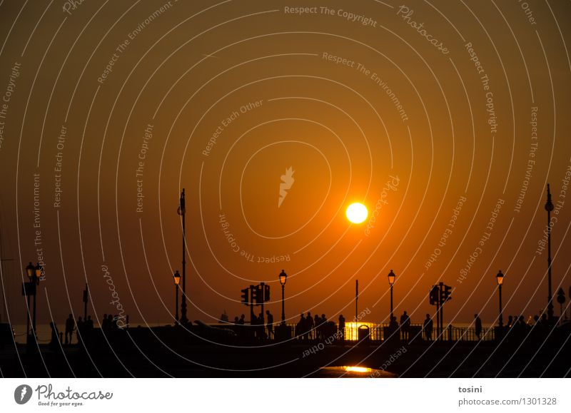 At dusk IV Human being Group Water Sun Sunrise Sunset Sunlight Maritime Bridge Bridge railing Street lighting Dusk Traffic light Gold Colour photo