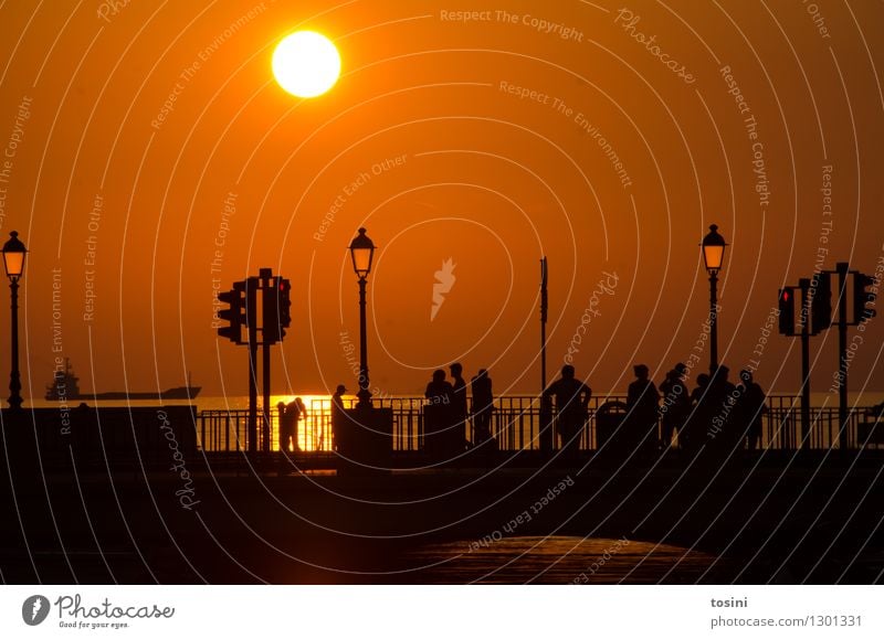 At dusk II Human being Group Water Sun Sunrise Sunset Sunlight Maritime Bridge Bridge railing Street lighting Dusk Traffic light Gold Colour photo