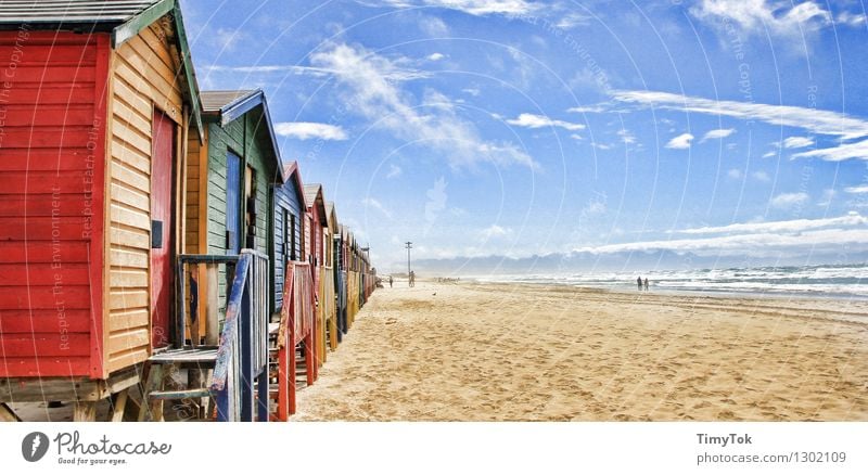 beach cabins Landscape Sand Sky Clouds Sunlight Summer Beautiful weather Waves Coast Beach Ocean Hut Stairs Facade Landmark Tourism Muizenburg beach