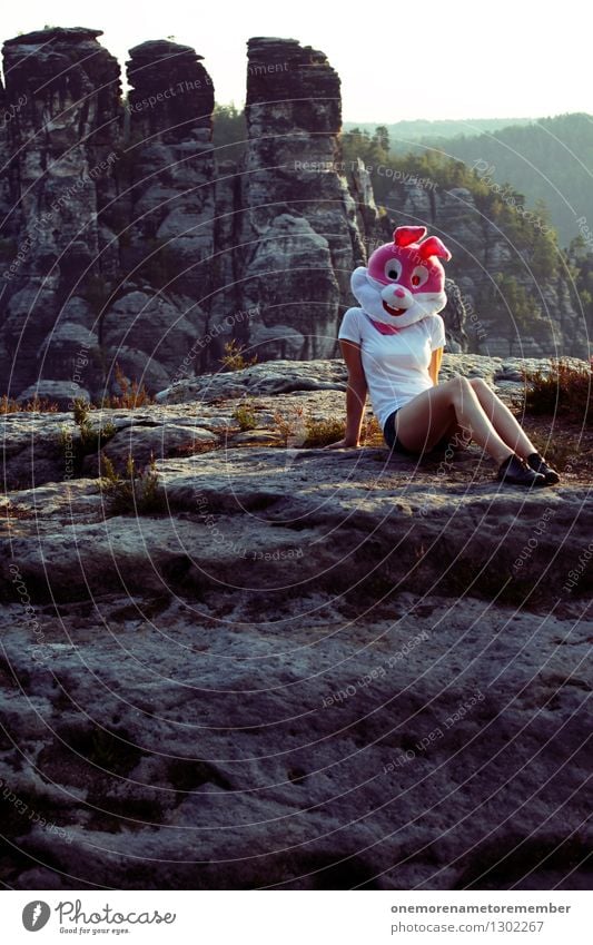 Easter in nature II Art Esthetic Model Feminine Eroticism Nature Natural phenomenon Nature reserve Love of nature Absurdity Pink Costume Disguised Sit