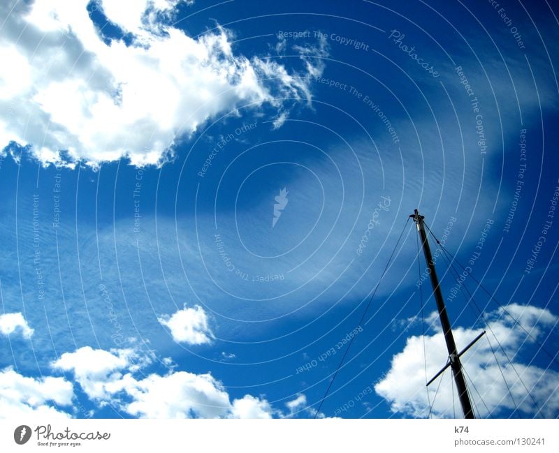 PASSERBY Watercraft Clouds Air Light Sky Navigation Electricity pylon Sail Back Rope Blue Contrast Wind Sun