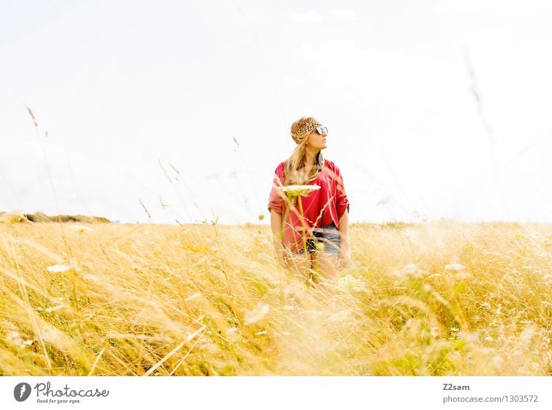 Eagle watching Elegant Style Feminine Young woman Youth (Young adults) 1 Human being 18 - 30 years Adults Nature Summer Beautiful weather Meadow Fashion