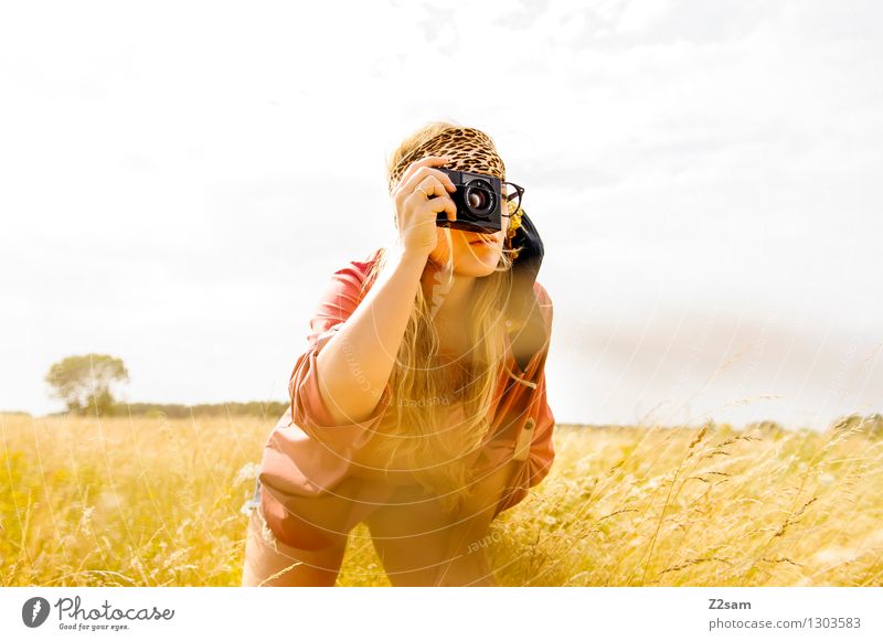 Snap Zebras Leisure and hobbies Safari Camera Feminine Young woman Youth (Young adults) 1 Human being 18 - 30 years Adults Nature Sun Beautiful weather Meadow