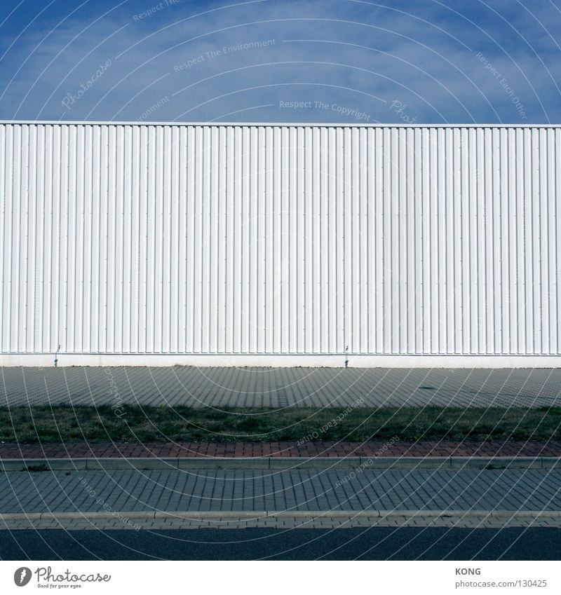 Faceless Decent Corrugated sheet iron Facade White Building Furniture store Home improvement store Commerce Industrial zone Sidewalk Undulating Arrangement