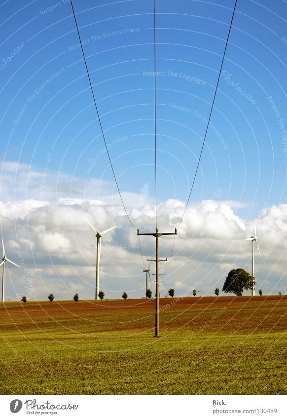 Clean Power 3. Green Wind energy plant White Blue Cable Electricity pylon Nature Technology Clouds Sky Colour Perspective Multicoloured Contrast Meadow Field