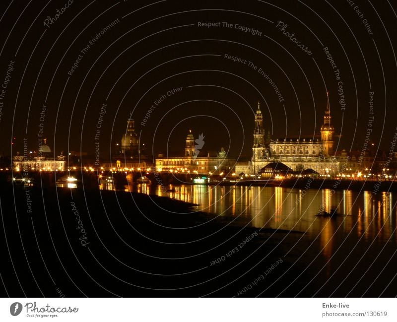 Dresden at night Night shot Long exposure Dark Reflection Dusk Town Water siluette Light Frauenkirche Elbe River