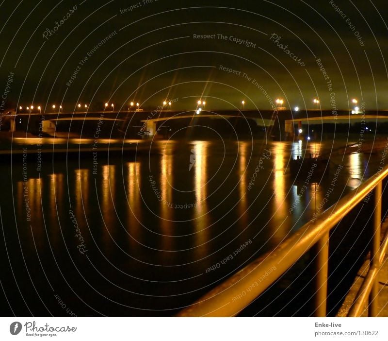 bridgelights 1 Night shot Long exposure Worms Reflection Lighting Bypass Black Dark Germany Water Rhine bridge green shimmer Handrail