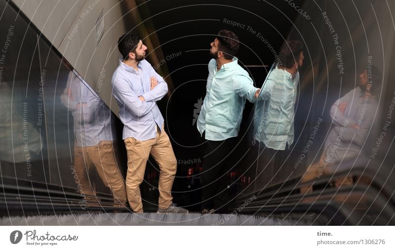 Escalator Boys Masculine 2 Human being Train station Tunnel Manmade structures Building Subway station Shirt Pants Brunette Short-haired Beard Stone Metal