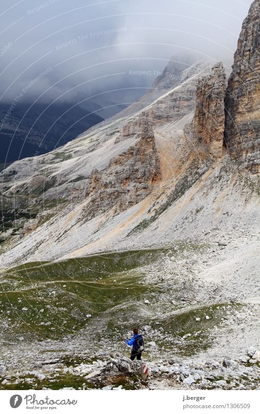 Dolomites Hiking Nature Landscape Clouds Storm clouds Bad weather Fog Rock Alps Mountain Peak Blue Gray South Tyrol High plain Scree Wall of rock Cervice Italy