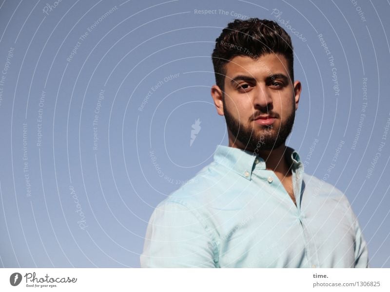 young man with determined look Masculine 1 Human being Sky Beautiful weather Shirt Brunette Short-haired Beard Observe Think Looking Wait Cool (slang)