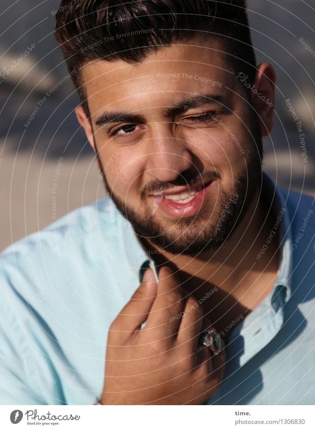 ali Masculine 1 Human being Shirt Ring Brunette Short-haired Beard Smiling Looking Wait Happiness Contentment Joie de vivre (Vitality) Self-confident Power