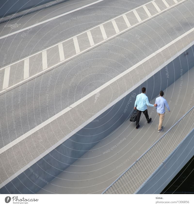 Two friendly men crossing a bridge Masculine 2 Human being Bridge rail Transport Traffic infrastructure Passenger traffic Motoring Street Lanes & trails Tar