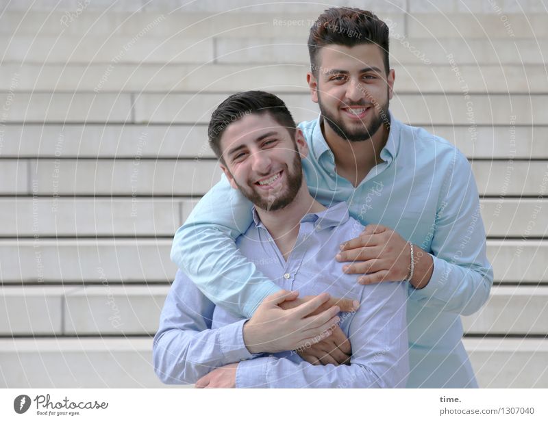 . Masculine 2 Human being Manmade structures Building Steps Shirt Brunette Short-haired Beard Smiling Laughter Looking Wait Hip & trendy Town Contentment