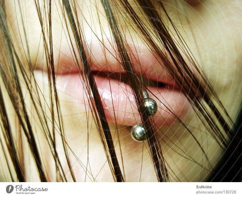 A touch of ... Piercing Lips Jewellery Longing Cold Steel Horseshoe Small Effort Soft Pink Damp Woman Repression Portrait photograph Macro (Extreme close-up)