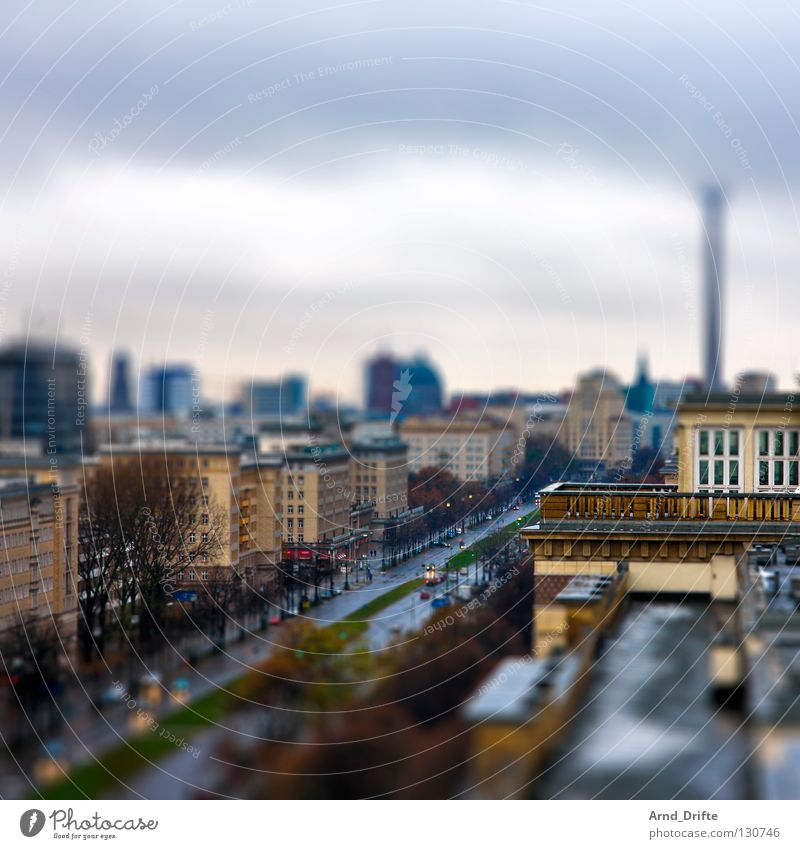 Mini-Berlin Tilt-Shift Small Miniature Bird's-eye view Town Clouds House (Residential Structure) Wet Roof High-rise Berlin TV Tower Traffic infrastructure Sky