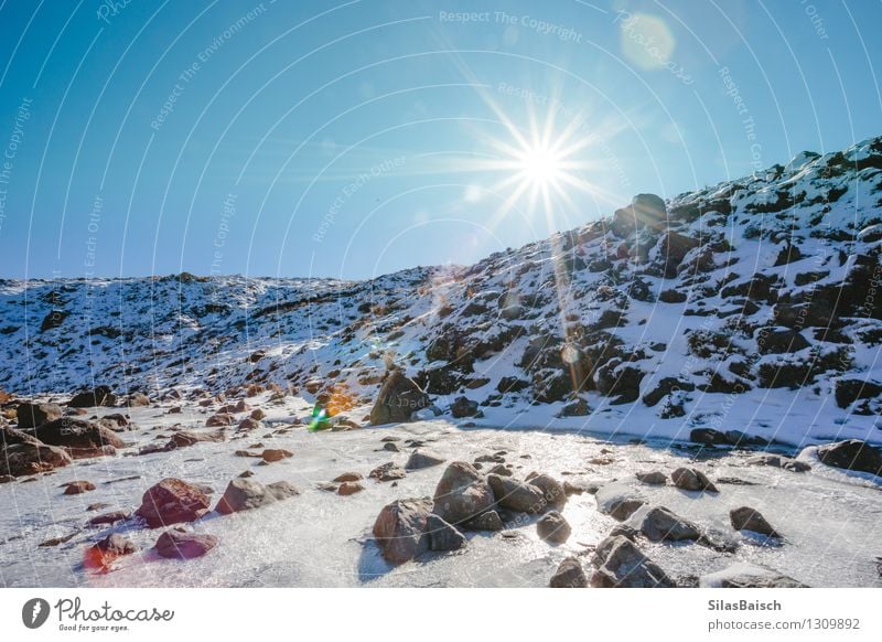 Frozen River in the mountains Environment Nature Landscape Water Cloudless sky Sun Solar eclipse Sunrise Sunset Sunlight Weather Beautiful weather Ice Frost