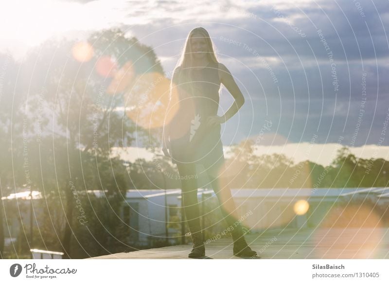 Young Lady standing on a roof Lifestyle Elegant Style Human being Feminine Young woman Youth (Young adults) Woman Adults 1 18 - 30 years Small Town Roof Fashion