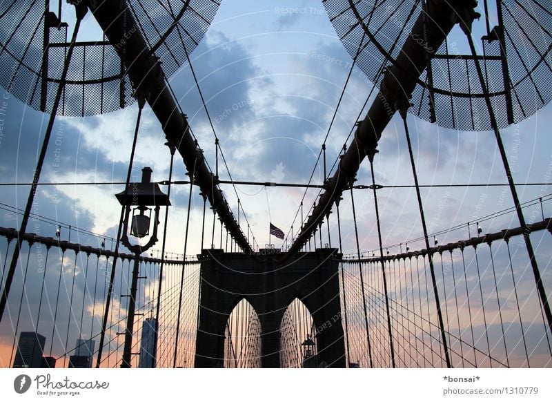 symmetry Vacation & Travel Tourism Sightseeing City trip Sky Clouds Sunlight Town Port City Downtown Bridge Tourist Attraction Brooklyn Bridge