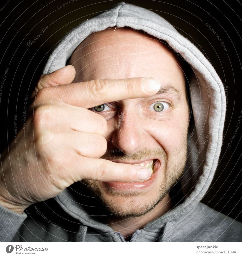 bullshit Portrait photograph Man Freak Hand Large Whimsical Crazy Humor Sweater Earnest Hiding place Joy Looking Funny Eyes Hooded (clothing) Hide Bizarre