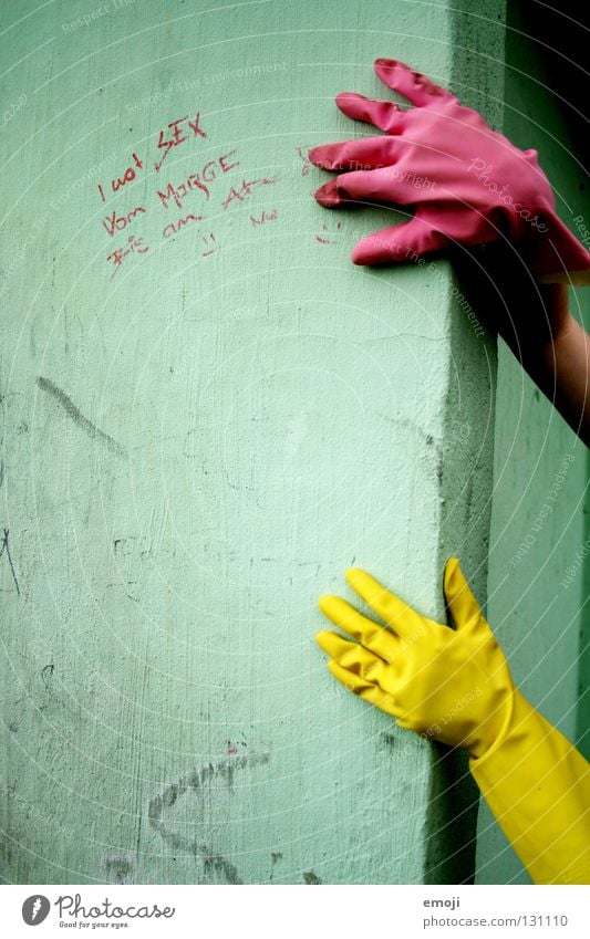 gloves Gloves Rubber Pink Yellow Gaudy Intoxicant Turquoise Wall (building) Hand Describe Dirty Cleaning Noble Whimsical Strange Carnival Obscure Fingers Threat