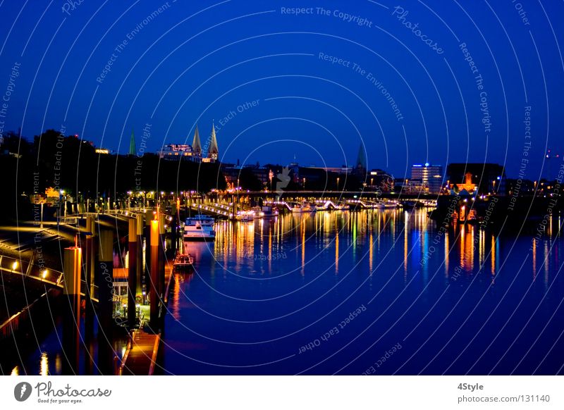 Schlachte (Bremen) Blue Weser Skyline River Romance Light Moody Evening Dome Water Promenade Footbridge Lakeside River bank Night Twilight Brook Harbour battles