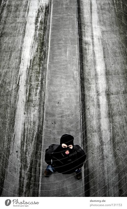 take a look II Man Mask Cap Jacket Low-cut Traffic lane Corner Curbside Sidewalk Black Dark Dirty Easygoing Stand Stripe Friendliness Bird's-eye view