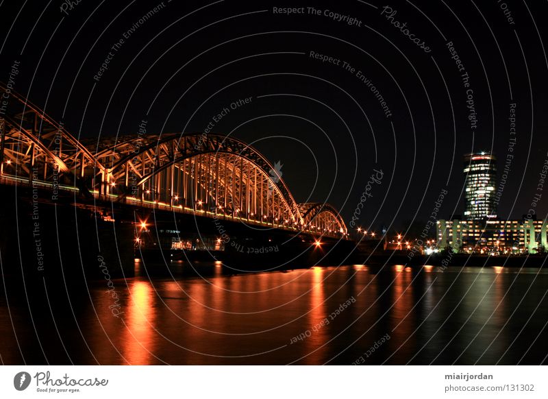 Cologne from the other bank Night shot Long exposure Light Railroad Bridge Landscape Rhine Water River Cologne-Deutz Triangle Tower