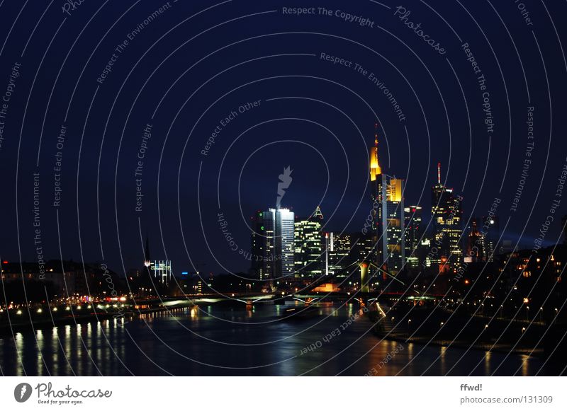 skyline Frankfurt Town Main High-rise Night Long exposure River Water Skyline Tower Light instructed Lamp Reflection Architecture