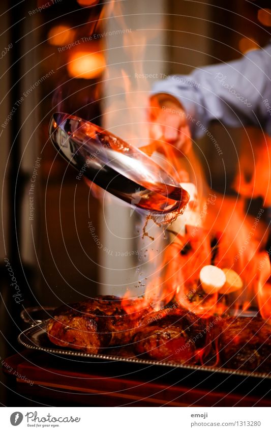 fiery Meat Nutrition Dinner Banquet flame Pan Fire Exceptional Hot Red Cooking Colour photo Interior shot Detail Deserted Twilight Light Shadow Motion blur