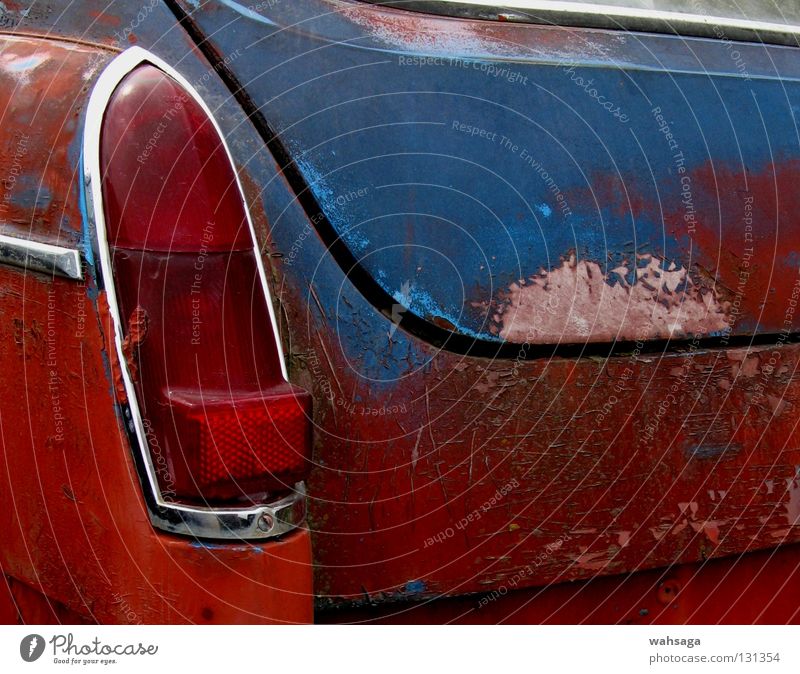 uncertain future Red Decline Vintage car Fear of the future Insecure Exterior shot Industry Obscure Transport Car Old Rust Rear light Blue Detail Close-up