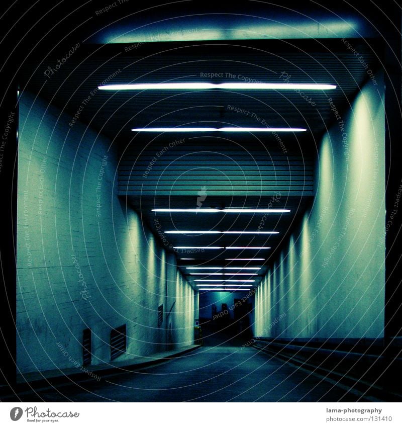 into the blue Underground garage Garage Tunnel Highway ramp (entrance) Subsoil Parking garage Dark Night Lamp Neon light Lighting Ambiguous Eerie Black Holes