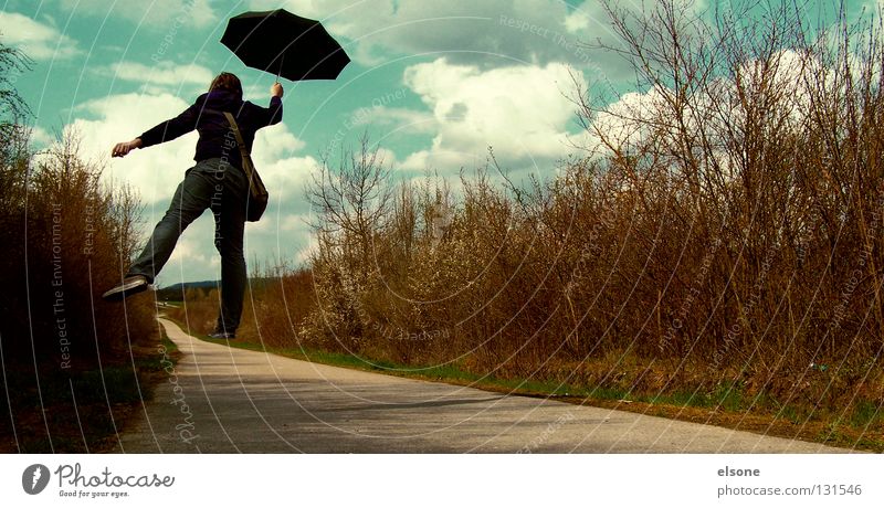 ::HARRY POPPINS:: Flying Far-off places Dream Gale Umbrella Sunshade Black Fantasy literature Doomed Lanes & trails Street Bushes Sky Clouds Spring Red