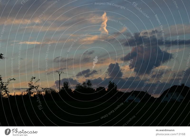 sunset without sun Clouds Dark Tree House (Residential Structure) Light Mountain Structures and shapes Shadow Sky