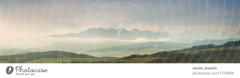 Morning with view of Tatras Nature Landscape Sand Air Sky Clouds Autumn Climate Weather Fog Tree Grass Bushes Garden Meadow Field Forest Hill Rock Mountain Peak