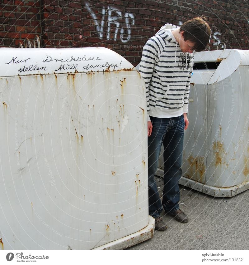 Just scumbags ... Man Adults Head Wall (barrier) Wall (building) Rust Graffiti Stripe Hang Stand Dirty Moral Trash container Side Shabby Sidewalk Droop