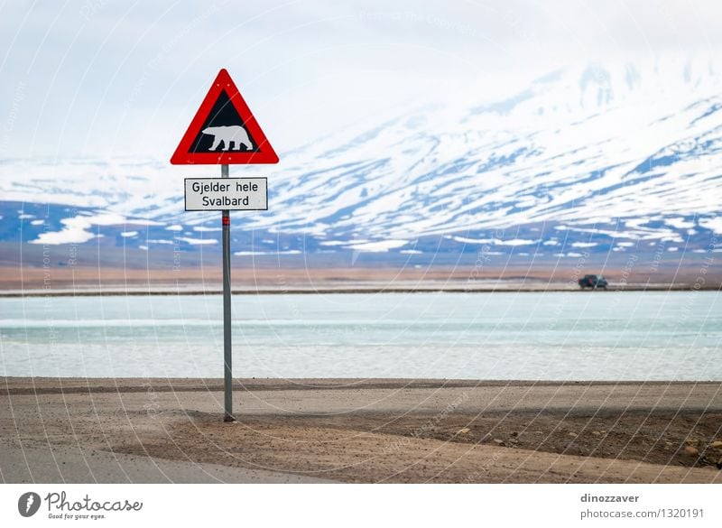 Polar bear sign Vacation & Travel Trip Adventure Winter Snow Mountain Nature Landscape Animal Sky Clouds Street Wild Red White Safety polar Bear warning danger