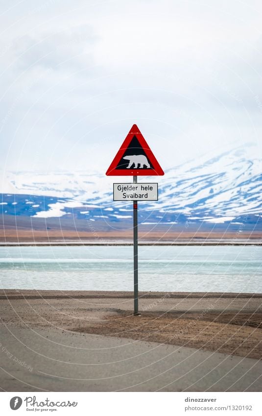 Polar bear sign Vacation & Travel Trip Adventure Winter Snow Mountain Nature Landscape Animal Sky Clouds Street Wild Red White Safety polar Bear warning danger