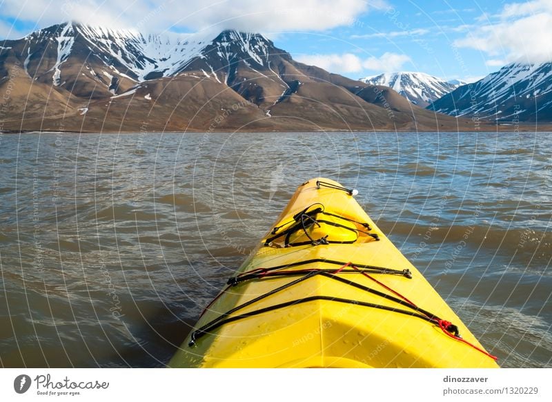 Kayaking in arctic sea Lifestyle Leisure and hobbies Vacation & Travel Trip Adventure Freedom Summer Ocean Snow Mountain Sports Human being Nature Landscape Sky