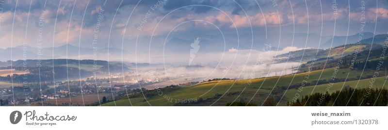 Autumn in Slovakia Energy industry Landscape Sky Clouds Sunrise Sunset Beautiful weather Fog Plant Tree Garden Meadow Field Hill Mountain Village Small Town