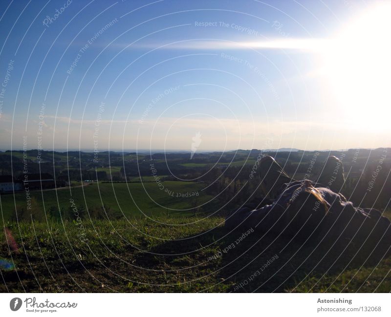 the first summer day I To enjoy Sleep Calm Summer Meadow Hill Man Horizon Light Clouds Dark Landscape Lie Sun Sky mill district Human being Legs Shadow Evening