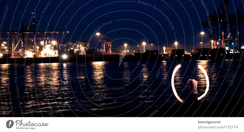 clamp open - type - clamp closed Light Long exposure Night Container terminal Elbstrand Reflection Dark Playing Hamburg Fire Blaze Harbour övelgönne