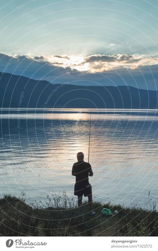 Silhouette of fisherman Relaxation Leisure and hobbies Summer Sun Sports Human being Man Adults Nature Landscape Sky Lake Vacation & Travel Peaceful fishing