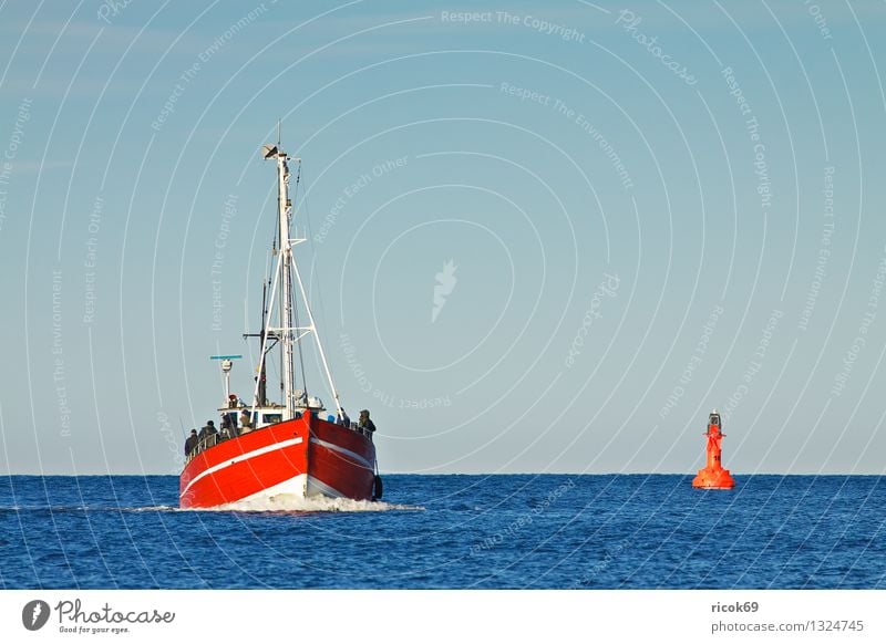 fishing boat Ocean Nature Landscape Water Clouds Baltic Sea Fishing boat Watercraft Blue Red Colour Nostalgia Vacation & Travel Tourism Tradition Kahn Coast