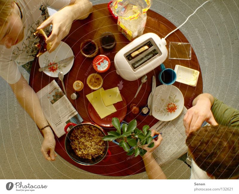 Morning! Good morning. Breakfast Toaster Cheese Wide angle Nutrition Table Round Above Together Newspaper Coffee Kitchen flat share Eating