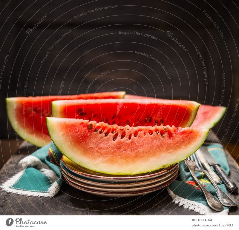 Watermelon on the table Food Fruit Dessert Nutrition Organic produce Vegetarian diet Diet Juice Crockery Plate Cutlery Knives Fork Style Design Healthy Eating