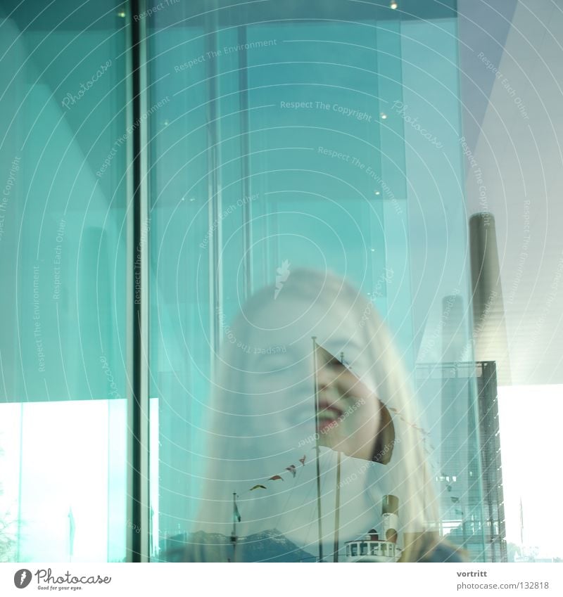 intermediate level Child Woman Girl Reflection Building Art Concealed Blur Green Roof Lake Watercraft Steamer Portrait photograph Close-up Joy Human being Glass