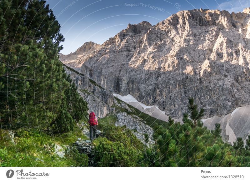 wanderlust Nature Landscape Cloudless sky Rock Alps Mountain Peak Contentment Respect Sports Hiking Backpack Lanes & trails Karwendelgebirge Hut Colour photo